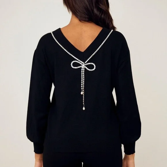 Express Rhinestone Bow Embellished Convertible Sweater Black Holiday New Years - Picture 3 of 15